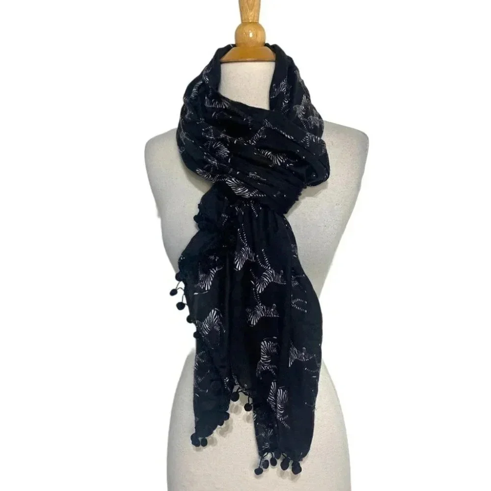 Black & white zebra print scarf with pom pom‎ trim